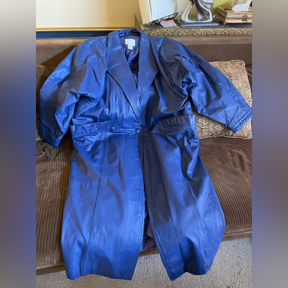 Vintage blue genuine leather trench coat